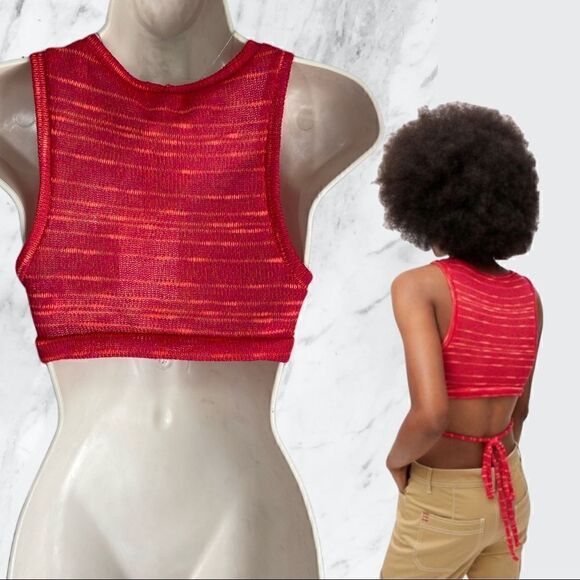 Urban Renewal Vintage Remnants Pink/Red Tie-Back Knit Wrap Crop Top - Picture 2 of 7